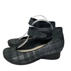 Loints of Holland Women's Metallic Black Mary Jane Wedges with Ankle Strap